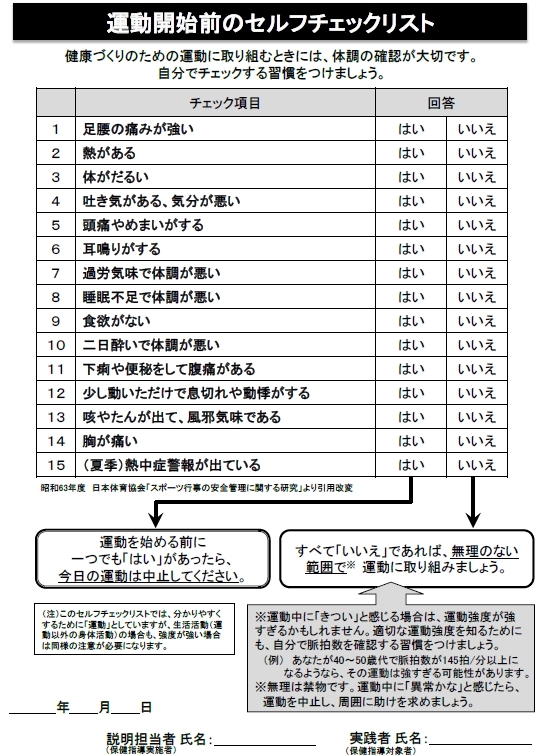 運動開始前のセルフチェックリスト