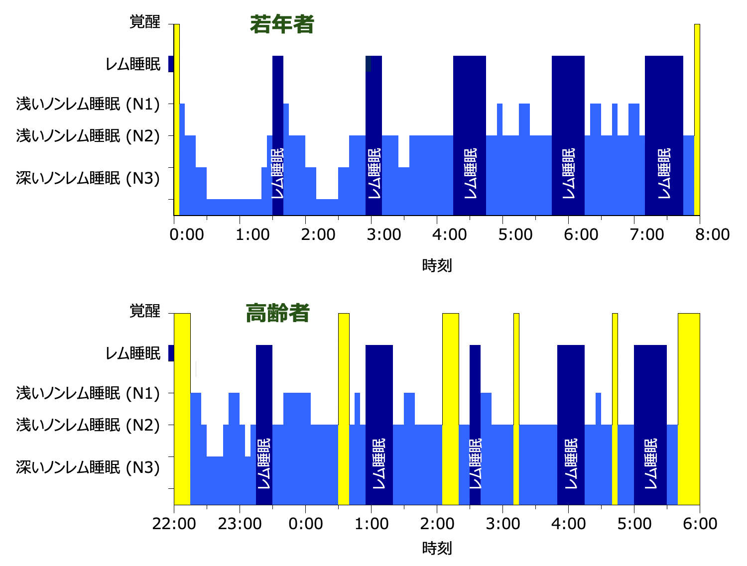 図2.睡眠ポリグラフ検査で調べた若年者と高齢者の睡眠パターン