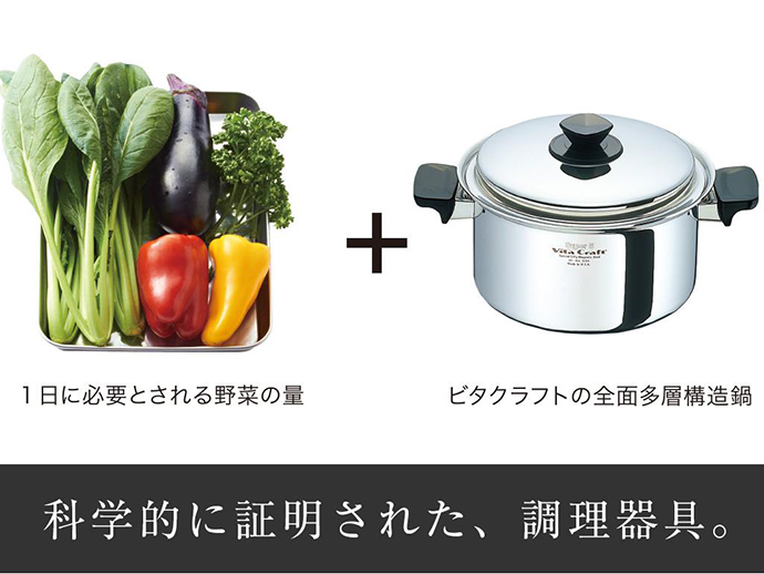 【ビタクラフトジャパン株式会社】全面多層構造鍋で無水調理した野菜350g(1日)を食べて生活習慣病予防