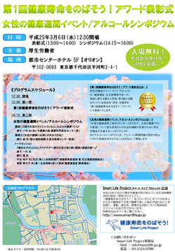 第1回健康寿命をのばそう！アワード表彰式＆女性の健康/アルコールシンポジウム チラシ