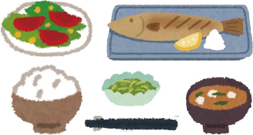 ごはん、焼き魚、サラダ、小鉢、みそ汁がそろった食事のイラスト