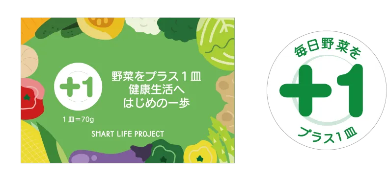 野菜をプラス1皿 健康生活へはじめの一歩POPと、毎日野菜を+1プラス1皿マーク